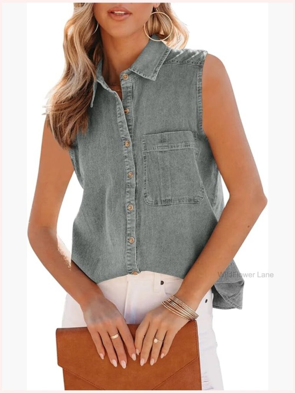V Neck Denim Tank Top Button Down Sleeveless Collared Blouse